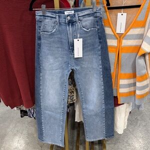 Anniewear Two-Tone Straight Leg Jeans in Light Blue and Medium Blue